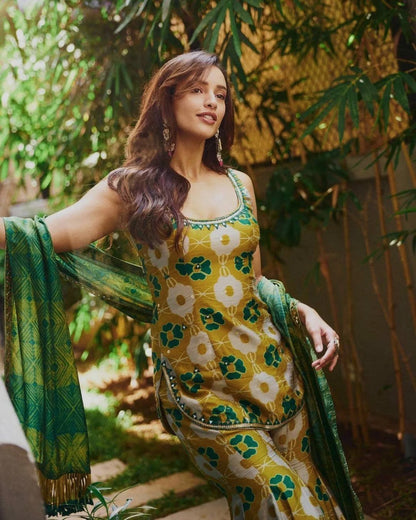 Enduring Yellow Festival Wear Pure Chinon Silk Kurti Palazzo Set with Designer Dupatta