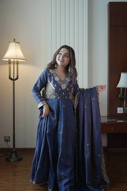 Luxury Blue Anarkali Gown with Heavy Embroidery & Matching Dupatta