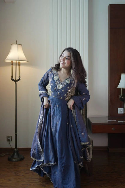 Luxury Blue Anarkali Gown with Heavy Embroidery & Matching Dupatta