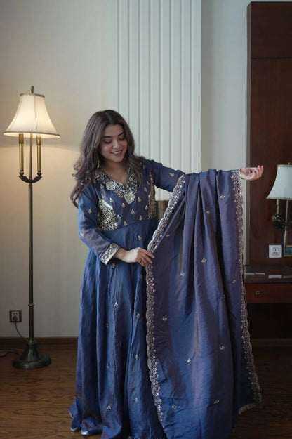 Luxury Blue Anarkali Gown with Heavy Embroidery & Matching Dupatta