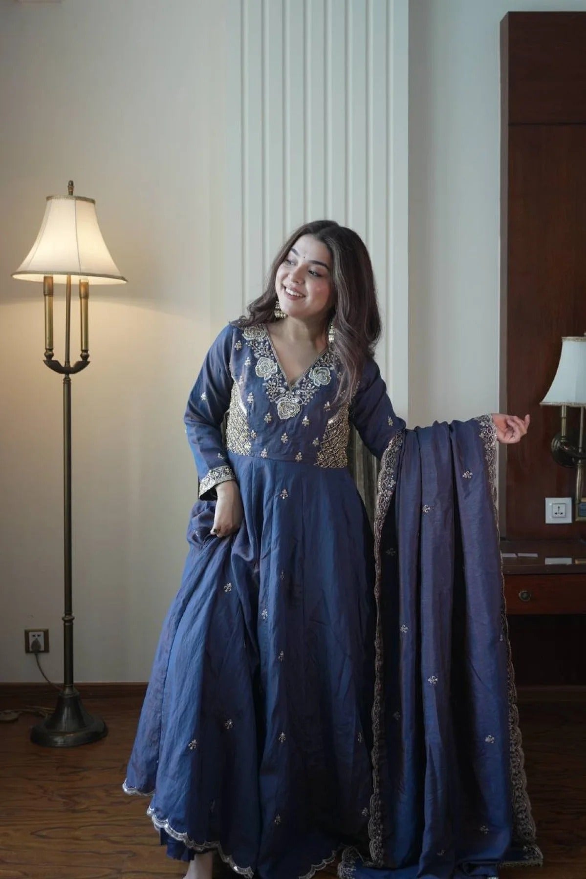 luxury blue anarkali gown with heavy embroidery & matching dupatta