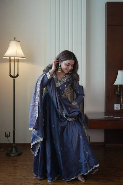 Luxury Blue Anarkali Gown with Heavy Embroidery & Matching Dupatta