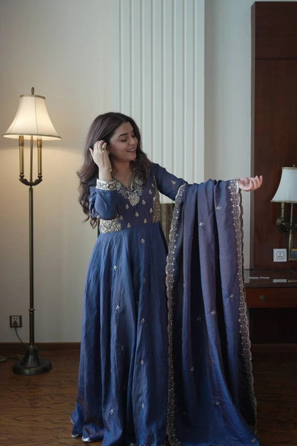 Luxury Blue Anarkali Gown with Heavy Embroidery & Matching Dupatta
