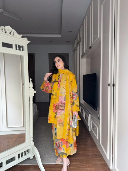 Premium yellow  Floral Printed Kurta Palazzo Set with Dupatta
