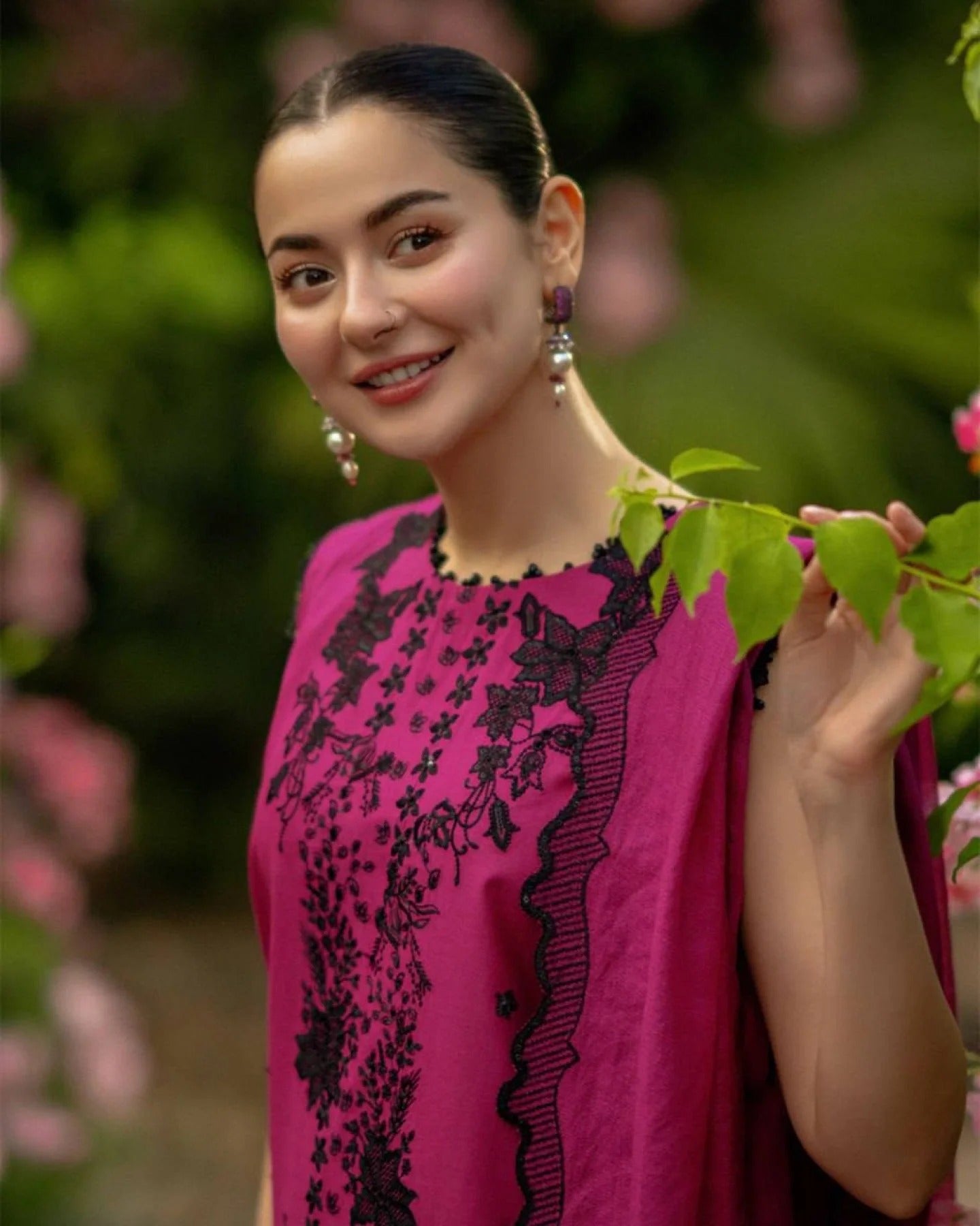 minimalist hot pink roman silk suit set with sequins thread work and dupatta