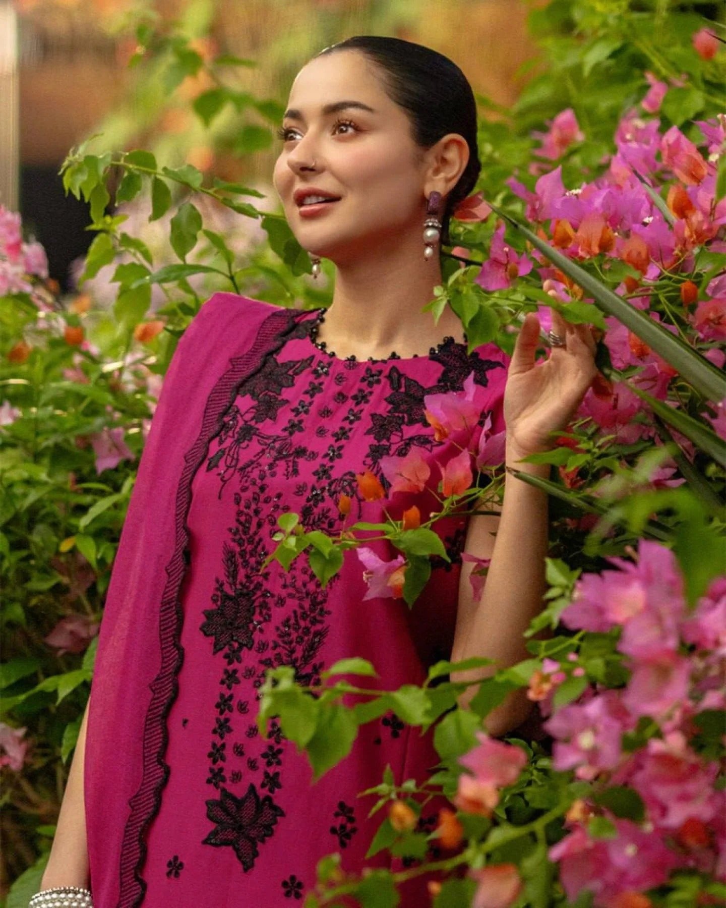 minimalist hot pink roman silk suit set with sequins thread work and dupatta