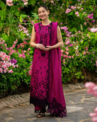 Minimalist Hot Pink Roman Silk Suit Set with Sequins Thread Work and Dupatta