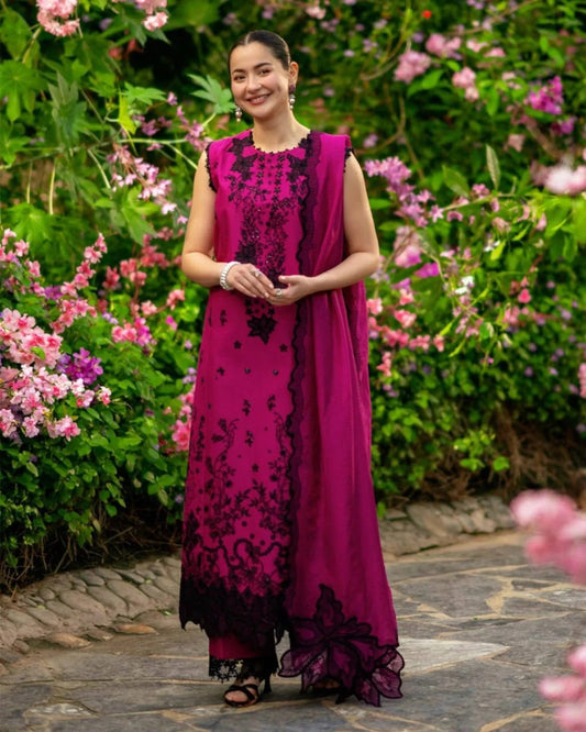 Minimalist Hot Pink Roman Silk Suit Set with Sequins Thread Work and Dupatta