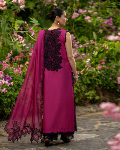 Minimalist Hot Pink Roman Silk Suit Set with Sequins Thread Work and Dupatta