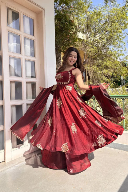Maroon Fendy Silk Anarkali Premium Suit Set