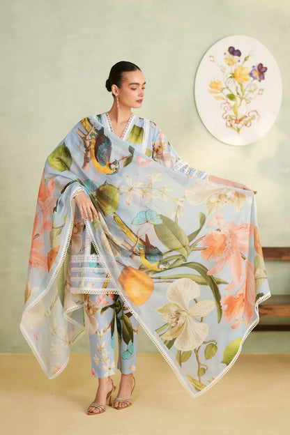 Tropical Bloom Bird Print Cotton Kurta Pant Dupatta Set