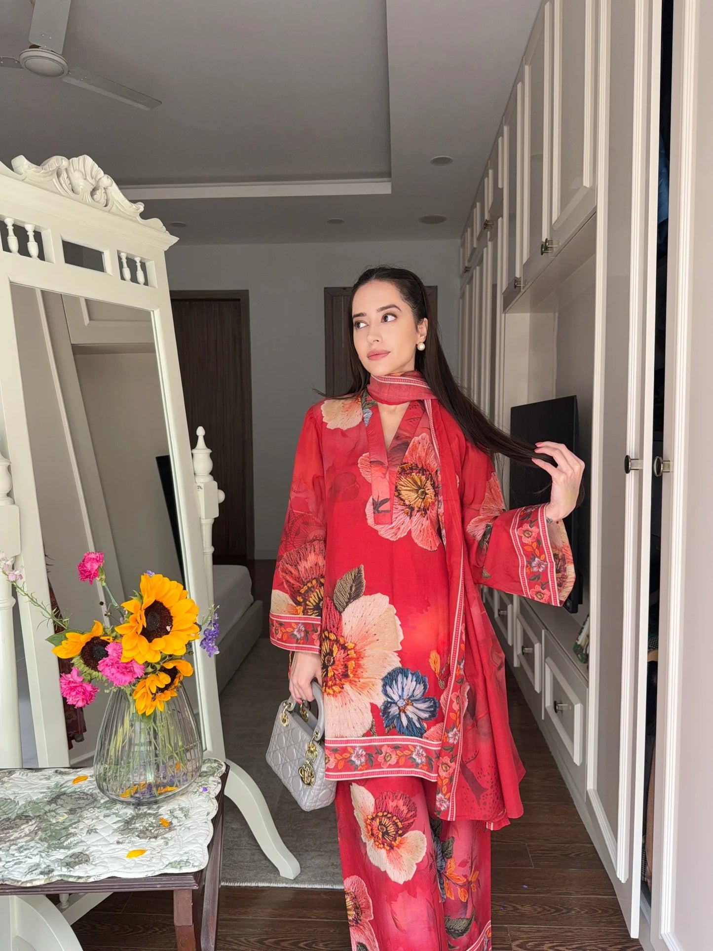 coral red suit set