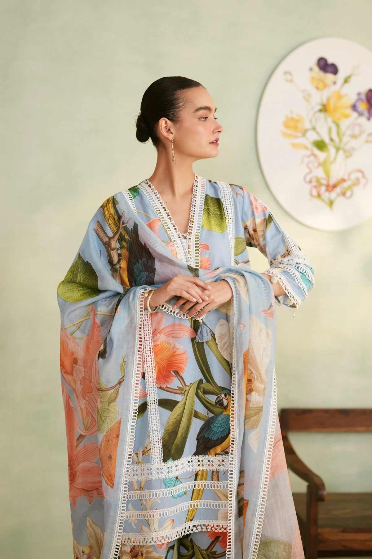 tropical bloom bird print cotton kurta pant dupatta set