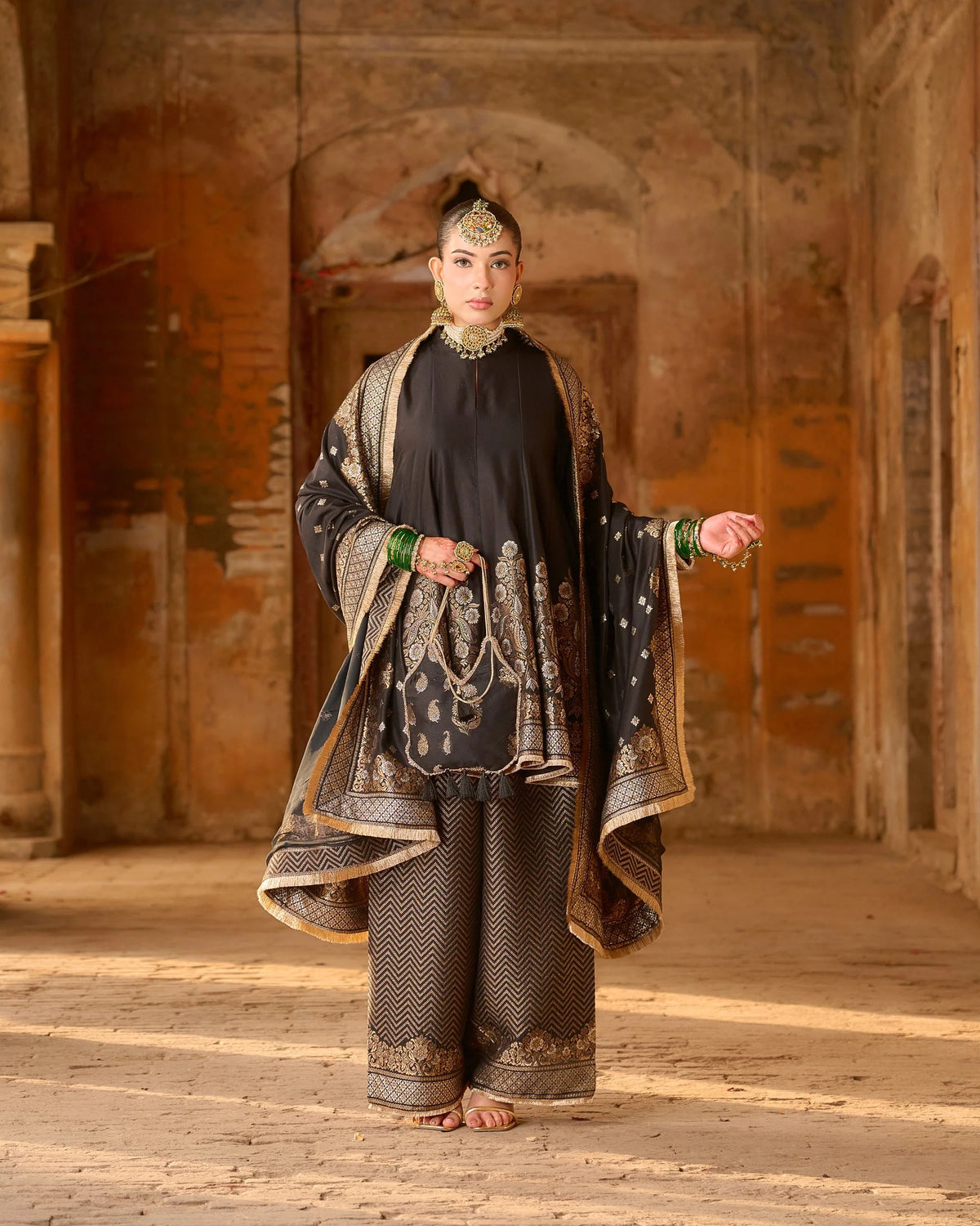 regal black zari jacquard kurta plazza set with dupatta