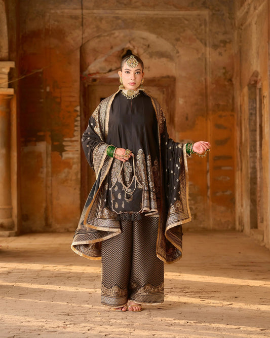 Regal Black Zari Jacquard Kurta Plazza Set with Dupatta