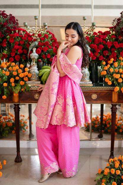 Rani Pink Banarasi Jacquard Embroidered Palazzo Suit Set with Dupatta