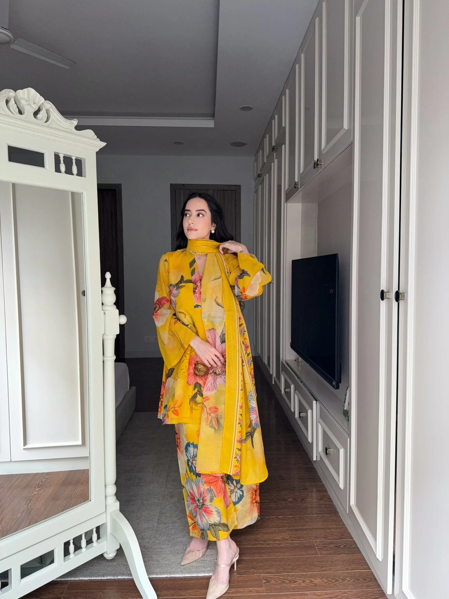 premium yellow  floral printed kurta palazzo set with dupatta
