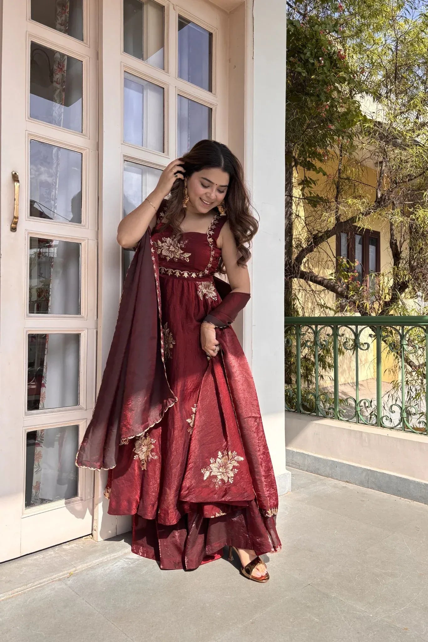 maroon fendy silk anarkali premium suit set