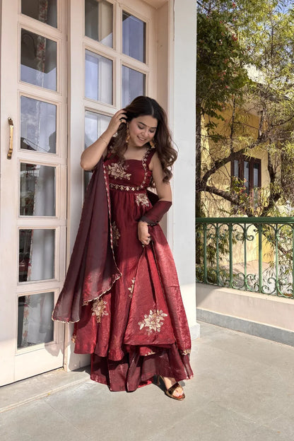 Maroon Fendy Silk Anarkali Premium Suit Set