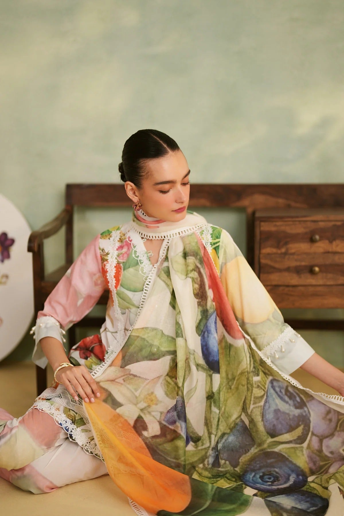 luxury fruit orchard floral print cotton suit set for women