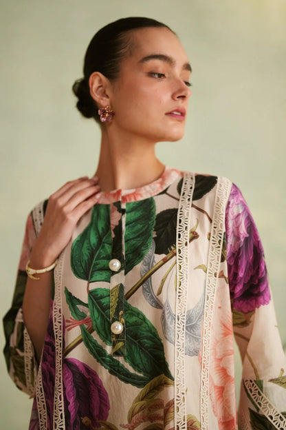 Premium Botanical Rose Garden Print Kurta Pant With Dupatta Set