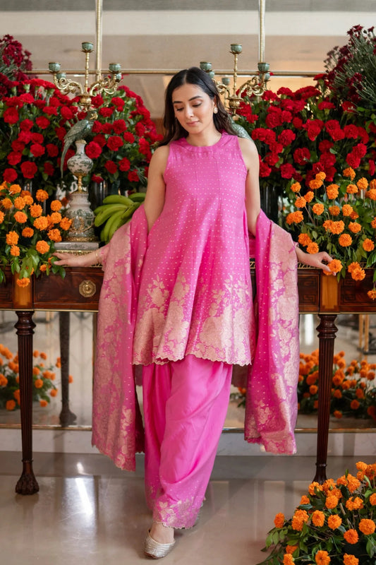 Rani Pink Banarasi Jacquard Embroidered Palazzo Suit Set with Dupatta