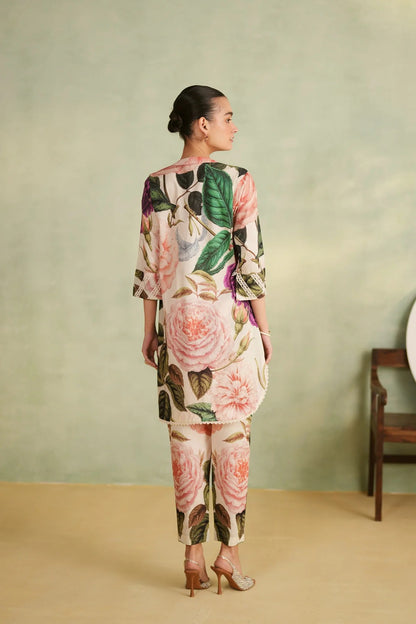 Premium Botanical Rose Garden Print Kurta Pant With Dupatta Set