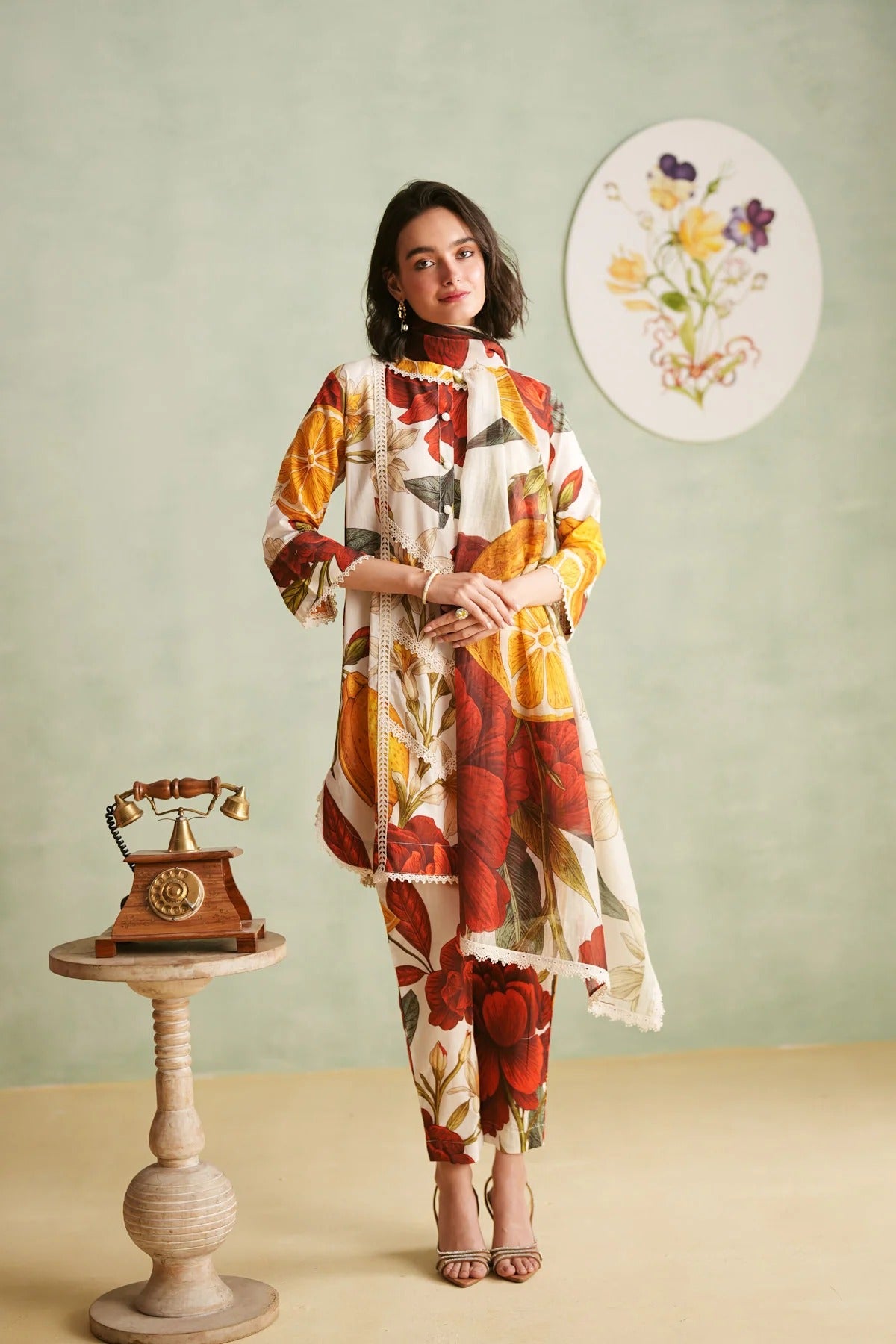 crimson bloom premium cotton suit set – ready to wear (3 pcs)