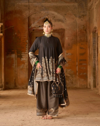 Regal Black Zari Jacquard Kurta Plazza Set with Dupatta