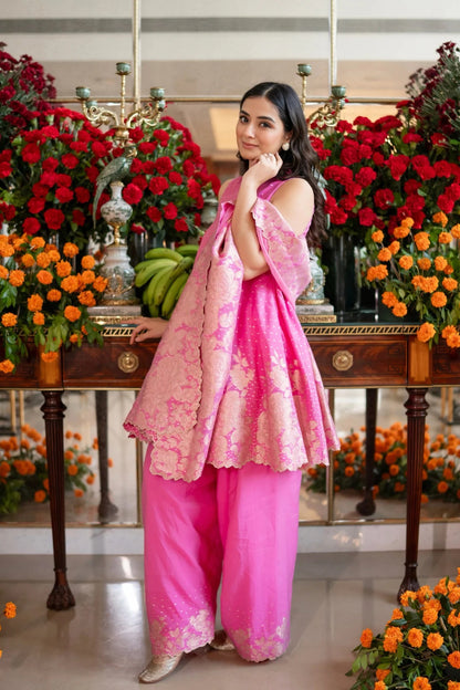 Rani Pink Banarasi Jacquard Embroidered Palazzo Suit Set with Dupatta