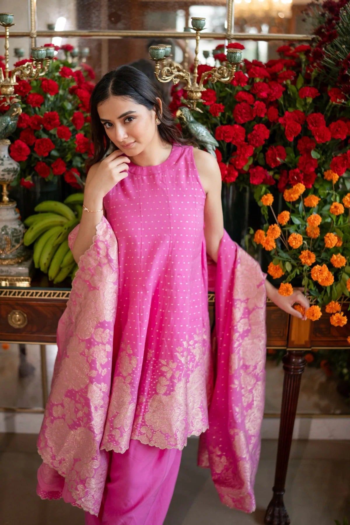 rani pink banarasi jacquard embroidered palazzo suit set with dupatta
