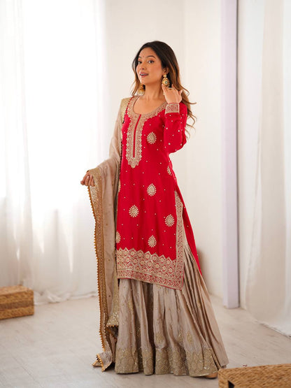 Teal & Gold Royalty Silk Embroidered Sharara Set