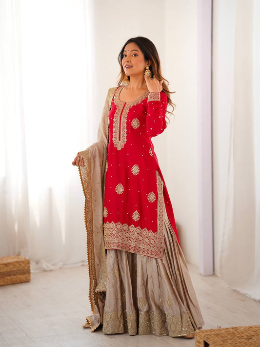 Teal & Gold Royalty Silk Embroidered Sharara Set