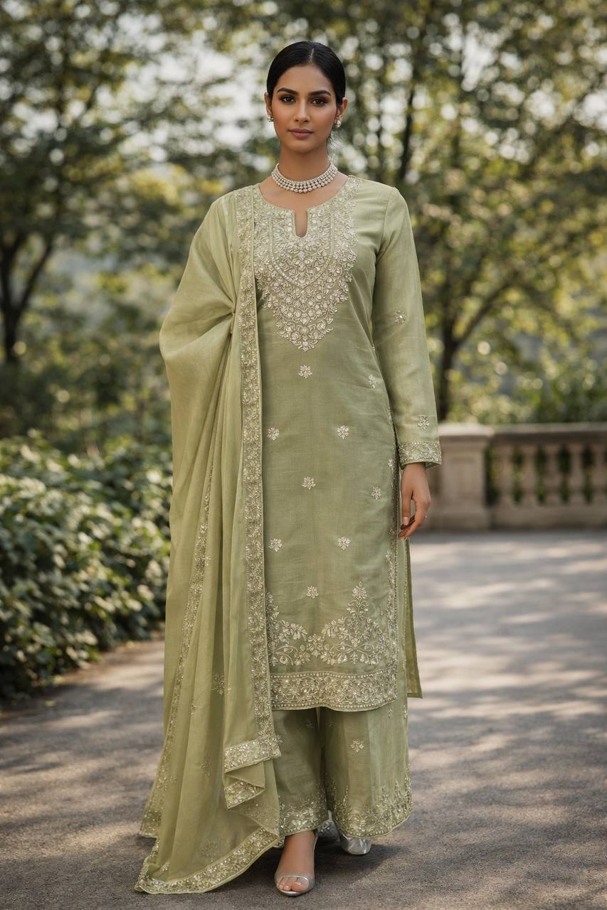 pastel green designer kurta palazzo set with dupatta