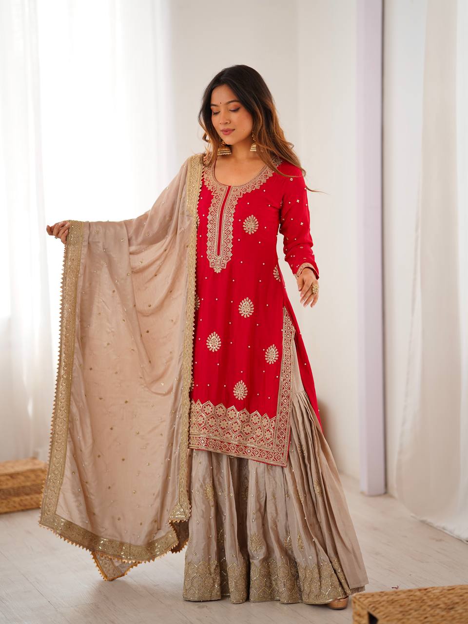 teal & gold royalty silk embroidered sharara set