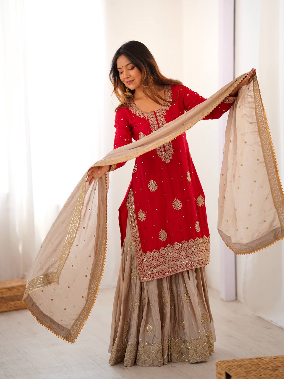 teal & gold royalty silk embroidered sharara set
