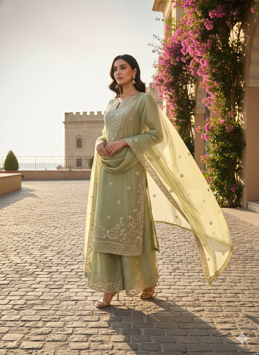 pastel green designer kurta palazzo set with dupatta