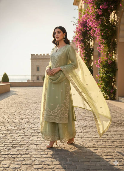 Pastel Green Designer Kurta Palazzo Set with Dupatta
