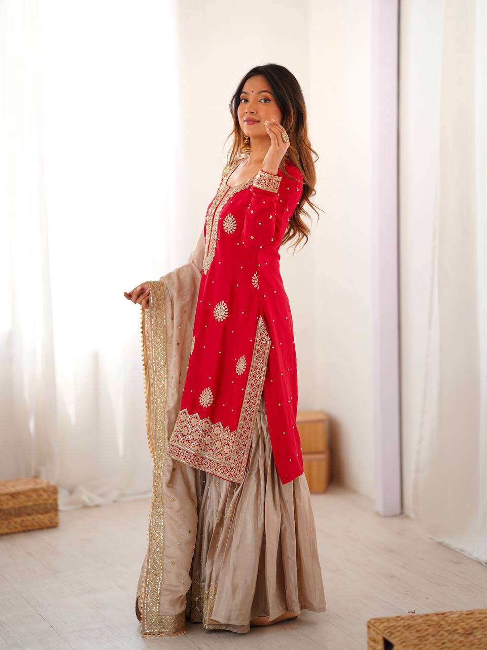 teal & gold royalty silk embroidered sharara set