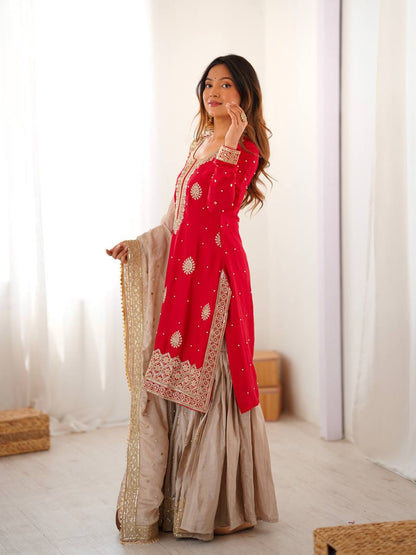 Teal & Gold Royalty Silk Embroidered Sharara Set