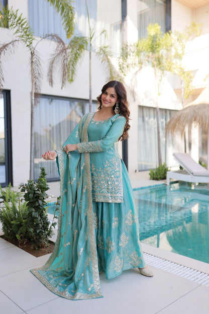 Peach & Sky Embroidered Fendy Crus Kurta Set