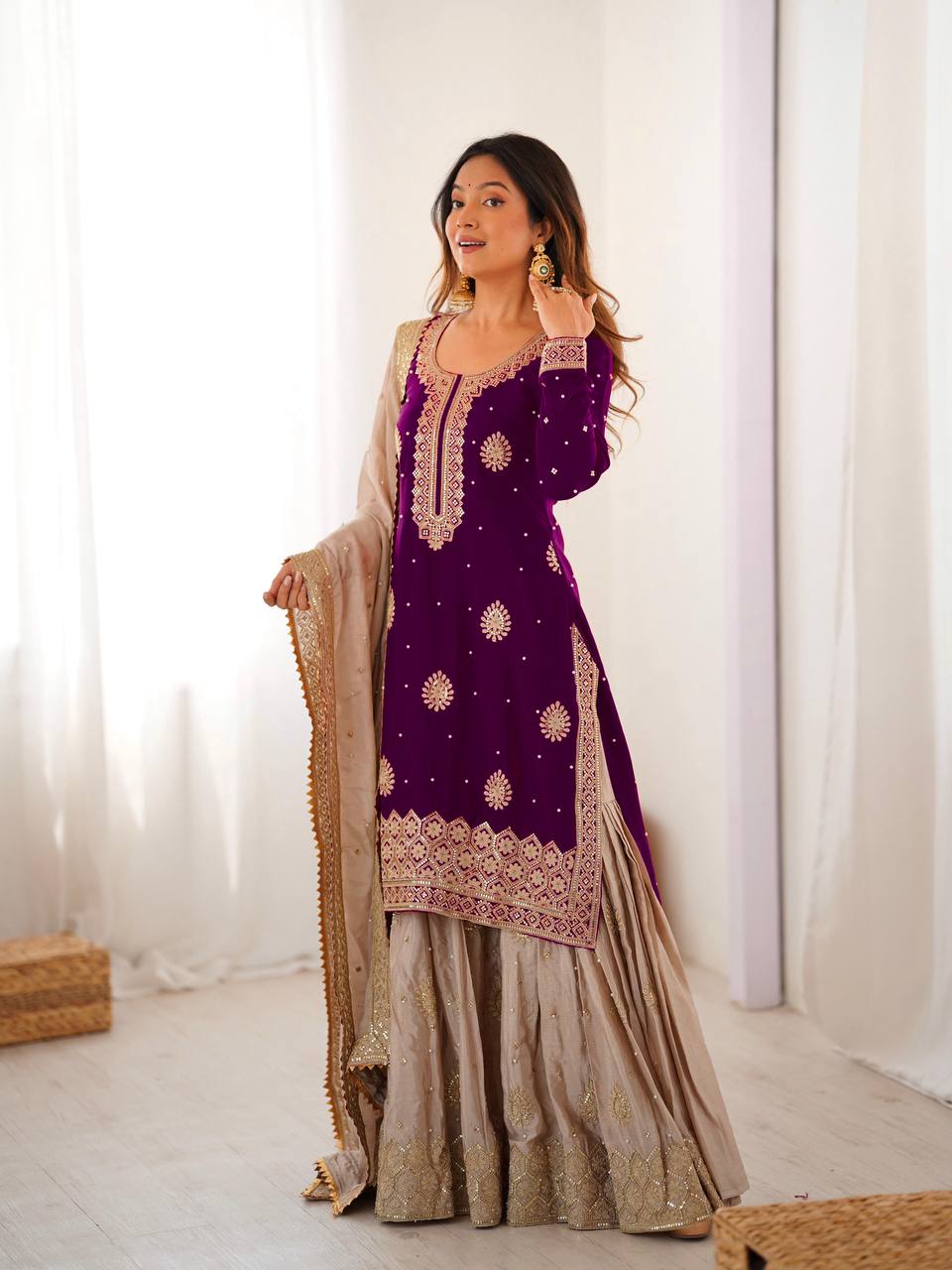 royal radiance in wine silk embroidered sharara set
