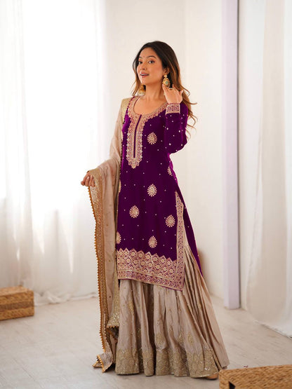 Royal Radiance in Wine Silk Embroidered Sharara Set