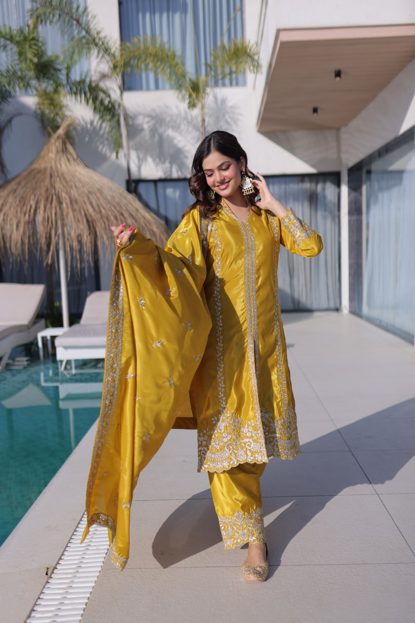 mustard floral silk embroidered kurta set