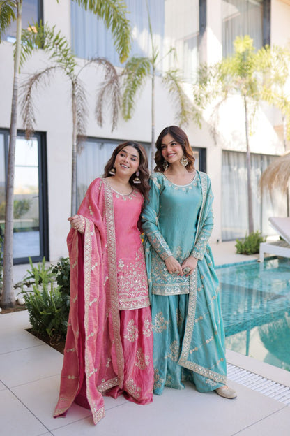Peach & Sky Embroidered Fendy Crus Kurta Set