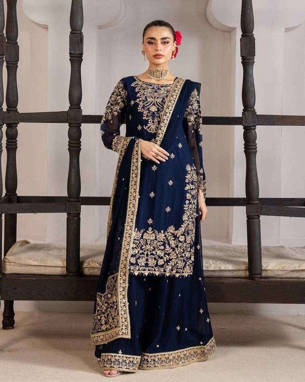 blue pakistani silk embroidered kurta set