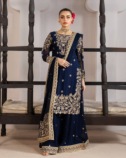 Blue Pakistani Silk Embroidered Kurta Set