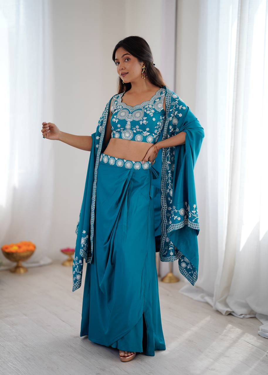 Teal Embroidered Western Dhoti Set with Dupatta for Women