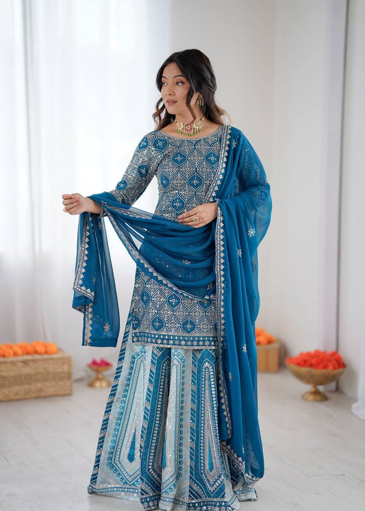 Teal Blue Embroidered Sharara Suit Set with Dupatta