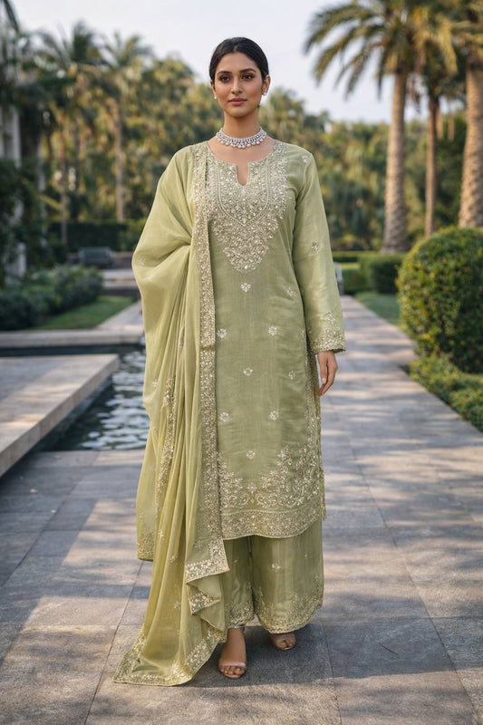 Pastel Green Embroidered Kurta Palazzo Set with Dupatta